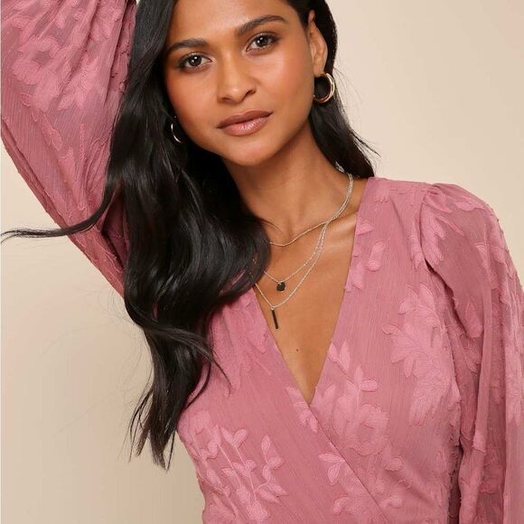 Lulus | Meant to Shine Mauve Floral Jacquard Long Sleeve Mini Dress | M NWT - Picture 2 of 8